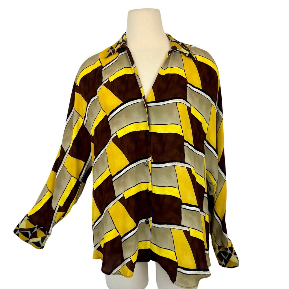Zara Geometric Long Sleeve Button-Down Shirt Blouse Top Multicolor L NWT